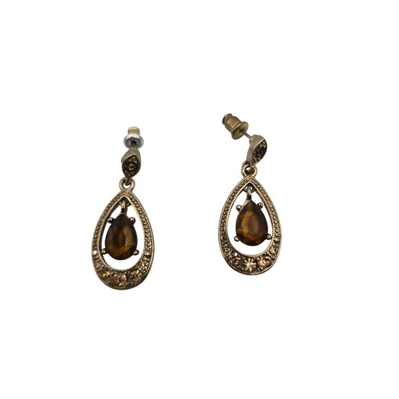 Women's Unsigned Gold-Tone Tear Dangle Drop Brown Rhinestone Stud Earrings - Picture 1 of 10
